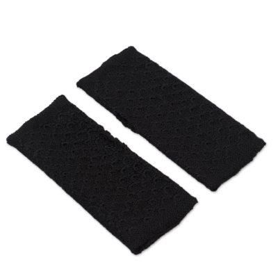 Passionate Pattern in Black,'Patterned 100% Baby Alpaca Fingerless Mitts in Black'