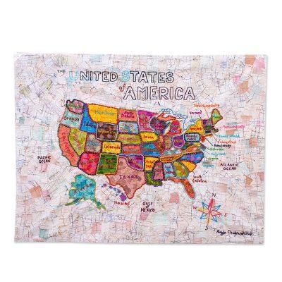 USA,'Patchwork Batik Map of US Wall Hanging'
