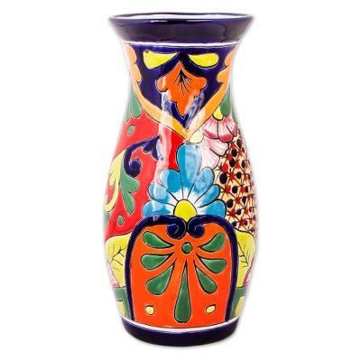 Colorful Curves,'Curvy Talavera-Style Ceramic Vase Crafted in Mexico'