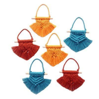 Boho Christmas,'Hand Woven Colorful Cotton Holiday Ornaments (Set of 6)'