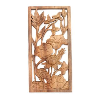 Heron Pond,'Heron Lilies and Lotus Wall Relief Panel in Hand Carved Wood'