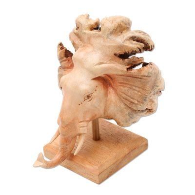 Emerging Elephant,'Hand Carved Elephant Sculpture on Wood Stand'