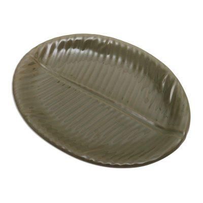 'Oval Banana Leaf' - Fair Trade Stoneware Ceramic Serving Platter