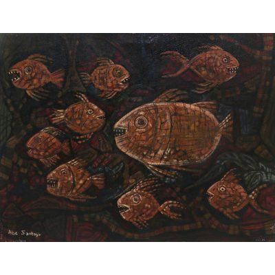 Twilight Pirhanas,'Signed Modern Piranha Painting from Indonesia'