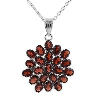 Red Sunflower,'Hand Made Sterling Silver Garnet Pendant Necklace India'