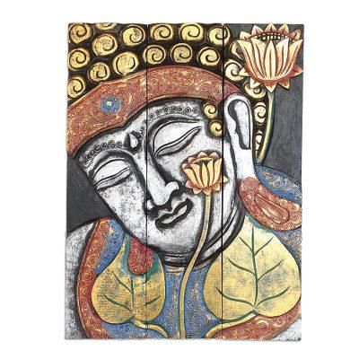 Buddha with Lotus in Silver,'Three Panel Wood Wall Panel Buddha with Lotus Silver'
