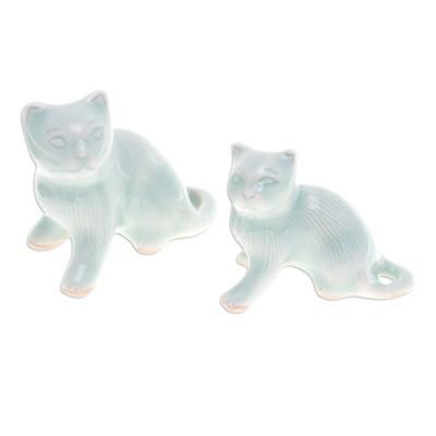 Cat Allure,'Pair of Celadon Ceramic Cat Figurines Handmade in Thailand'