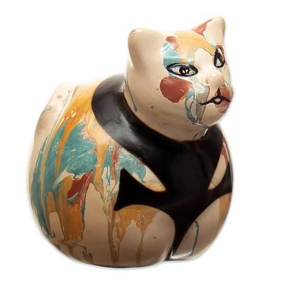 Feline Colors,'Handcrafted Ceramic Cat Statuette with Colorful Design'