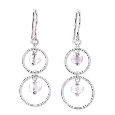 Rosy Orbits,'Natural Rose Quartz Dangle Earrings with Sterling Rings'