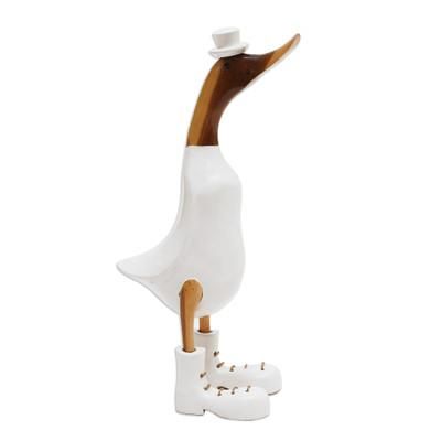 White Dapper Duck,'Bamboo Root and Wood Duck Sculpture in White from Bali'