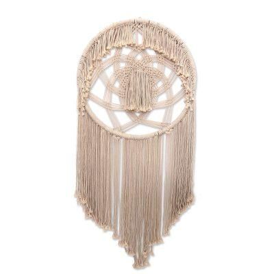 Dream Knot,'Circular Cotton Wall Hanging in Antique White from Bali'