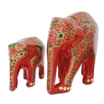 Maternal Glow,'Set of Two Indian Painted Floral Wood Elephant Sculptures'