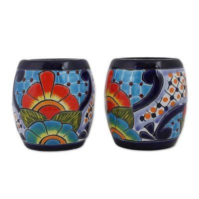 Raining Flowers,'Handmade Talavera Ceramic Juice Glasses from Mexico (Pair)'