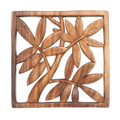 Bamboo Leaves,'Bamboo Motif Hand Carved Wood Relief Panel'