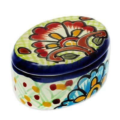 Talavera Flowers,'Cotton Swab Jar in Talavera-Style Ceramic'