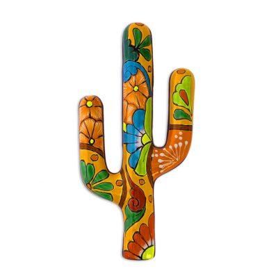 'Hand-Painted Cactus Talavera-Style Ceramic Wall Sculpture'