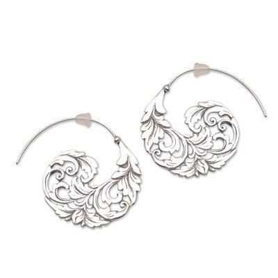 Garden Waves,'Sterling Silver Vine Half-Hoop Earrings from Bali'