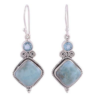 Blue Topaz and Larimar Sterling Silver Dangle Earrings 'Pastel Seas'