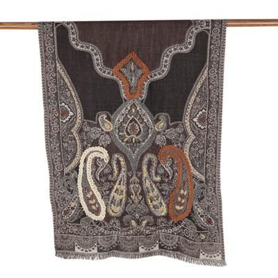 'Hand-Embroidered Wool Shawl with Warm-Toned Paisley Details'