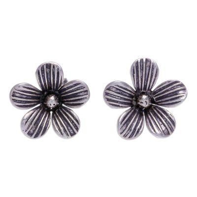 Striped Garden,'Karen Silver Floral-Motif Button Earrings'