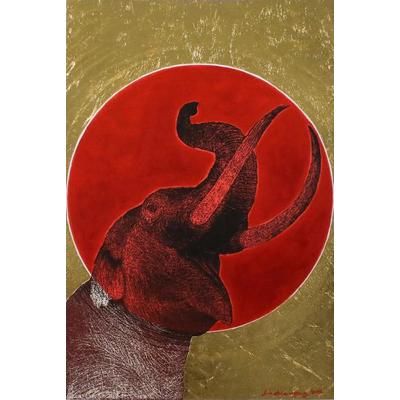 Happiness Smile II,'Signed Painting of an Elephant and a Red Sun from Thailand'
