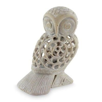 'Mother Owl' - Artisan Crafted Indian Soapstone Jali Sculpture