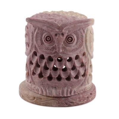 Up Owl Night,'Hand Carved Soapstone Owl Tealight Candle Holder'