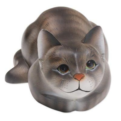 Resting Kitty,'Resting Wood Cat Sculpture in Grey and White from Bali'