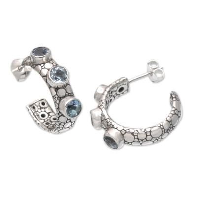 'Traditional Half-Hoop Earrings with 3-Carat Blue Topaz Gems'
