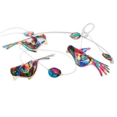 Enchanted Flight,'Handmade Recycled Plastic Mobile with Three Vibrant Birds'
