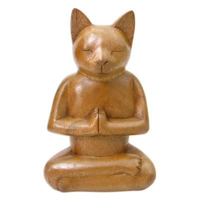 'Cat in Deep Meditation' - Wood Cat Sculpture from Indonesia