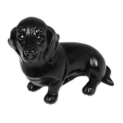 'Hand-Painted Wood Figurine of Stretching Black Dachshund'