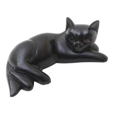 Slinky Feline in Black,'Suar Wood Black Cat Statuette'