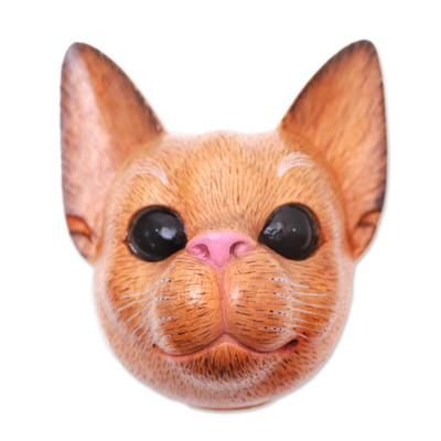 Watchful Cat,'Hand-Carved Suar Wood Cat Mask from Bali'