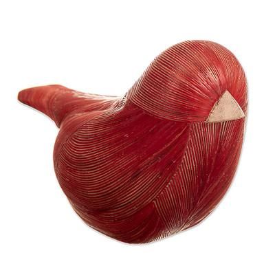Red Plumage,'Handmade Cedar Wood and Natural Fiber Bird Figurine in Red'