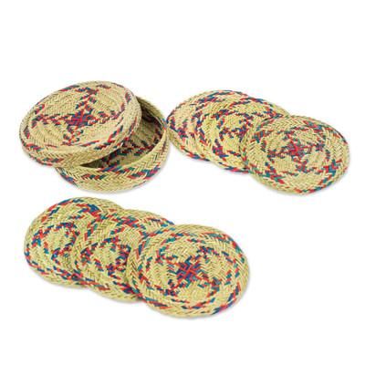 Red Eco,'Set of 6 Blue and Red Natural Fiber Coasters from Mexico'