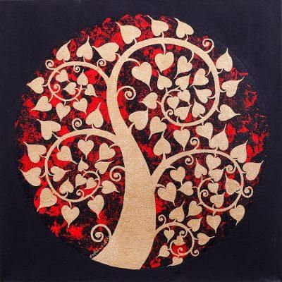 Red Bodhi Spirals,'Traditional Thai Art Golden Tree on Black and Red Painting'