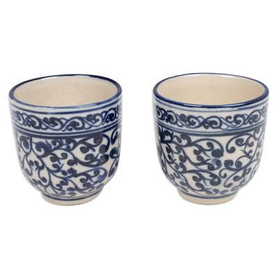 Palatial Mornings,'Set of 2 Handcrafted Classic Ceramic Cups in Blue and White'