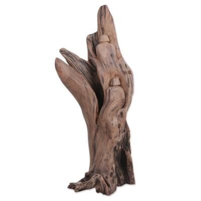 'Hand-Carved Reclaimed Teak Wood Sculpture in Brown Hue'