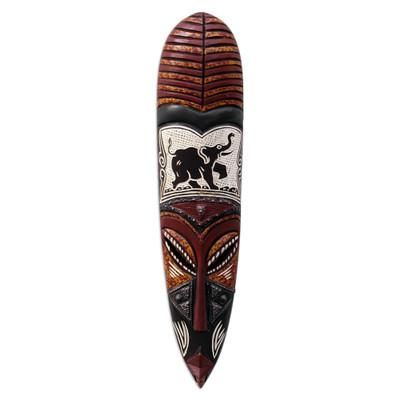 Akono,'Sese Wood and Aluminum Elephant-Themed Mask'