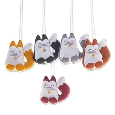 Colorful Meows,'Set of Five Handcrafted Felt Cat Ornaments with Golden Bells'