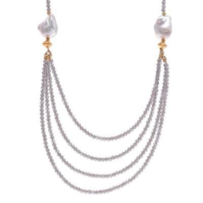 'Gold-Accented Pearl and Smoky Quartz Pendant Necklace'