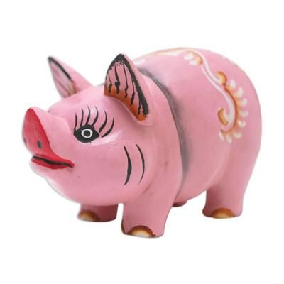 'Pig Suar Wood Figurine Hand-Carved & Hand-Painted in Bali'