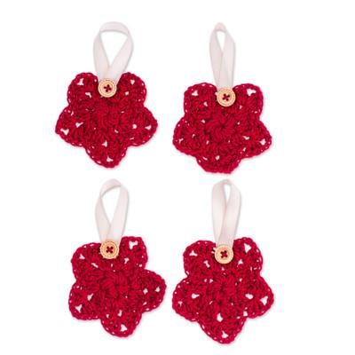 Red Sensations,'Set of 4 Red Crocheted Ornaments with Plastic Buttons'