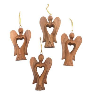 'Set of 4 Hand-Carved Suar Wood Fairy Ornaments with Hearts'