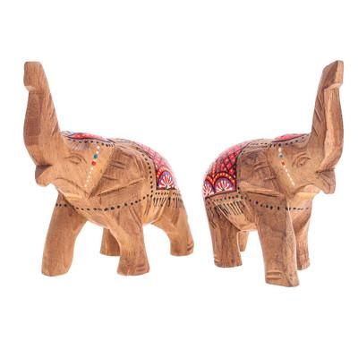 'Set of 2 Hand-Carved Wood Elephant Sculptures with Red Tone'