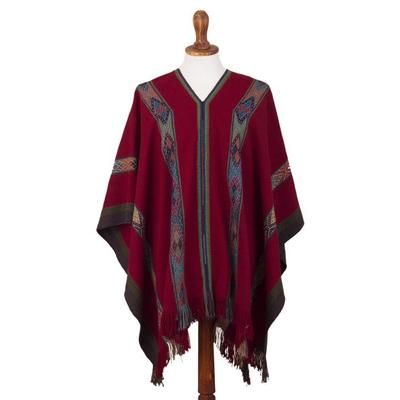 Sallac Artistry,'Backstrap Handwoven Baby Alpaca Poncho in Ruby Red'