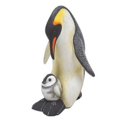 Penguin Mother and Chick,'Suar Wood Penguin Sculpture Carved and Painted by Hand'