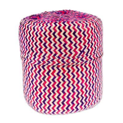 'Fuchsia Basket with Lid Hand-Woven from Palm Fiber in Mexico'