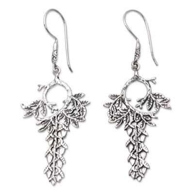 Seed Garden,'Leaf and Buds Sterling Silver Dangle Earrings from Bali'